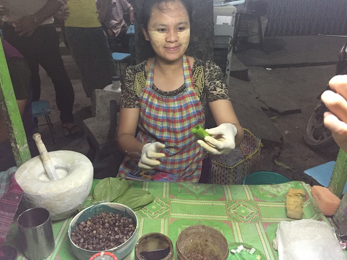 The lady with her betel nut shop at the corner of Mandalay street